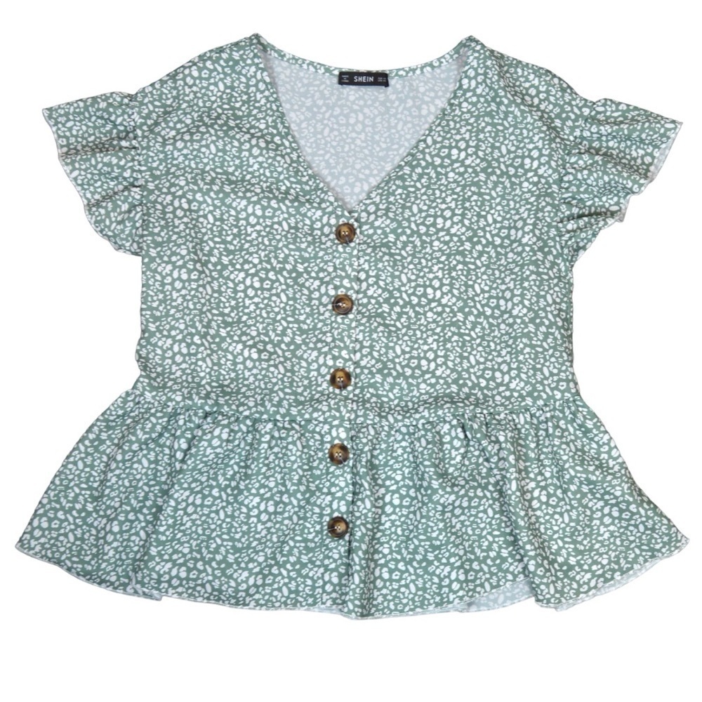 SHEIN V Neck Button Down OVERSIZED Flutter Sleeve Mint Print‎ Blouse - Size XS